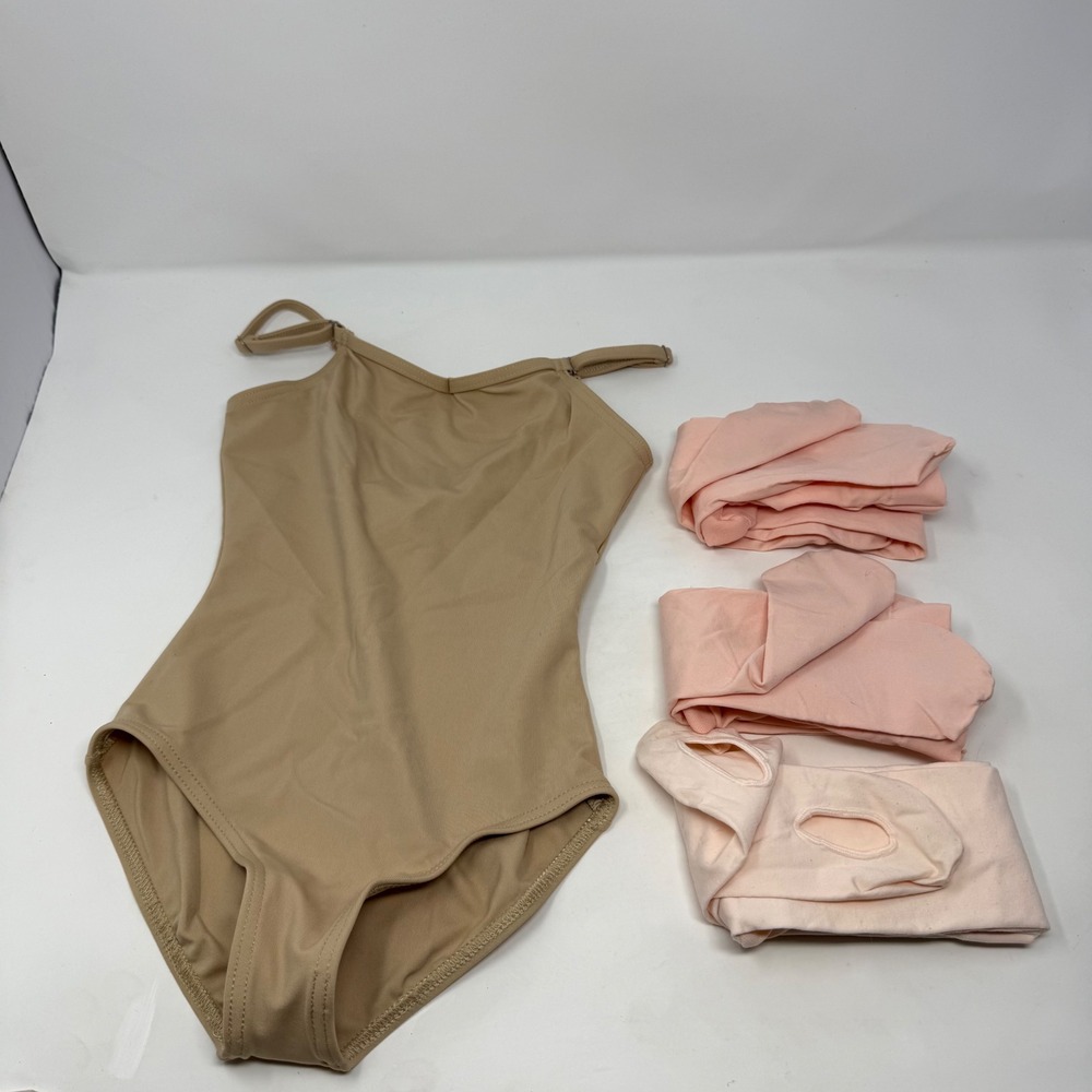 Capezio Kids Tan Leotard and Pink Ballet Tights Bundle Size Medium‎ 4pc Set